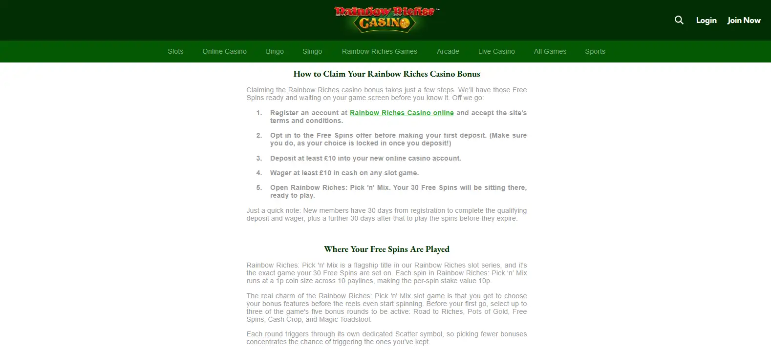Official Rainbow Riches Casino welcome-offer page showing Pick 'n' Mix and the current free-spin terms