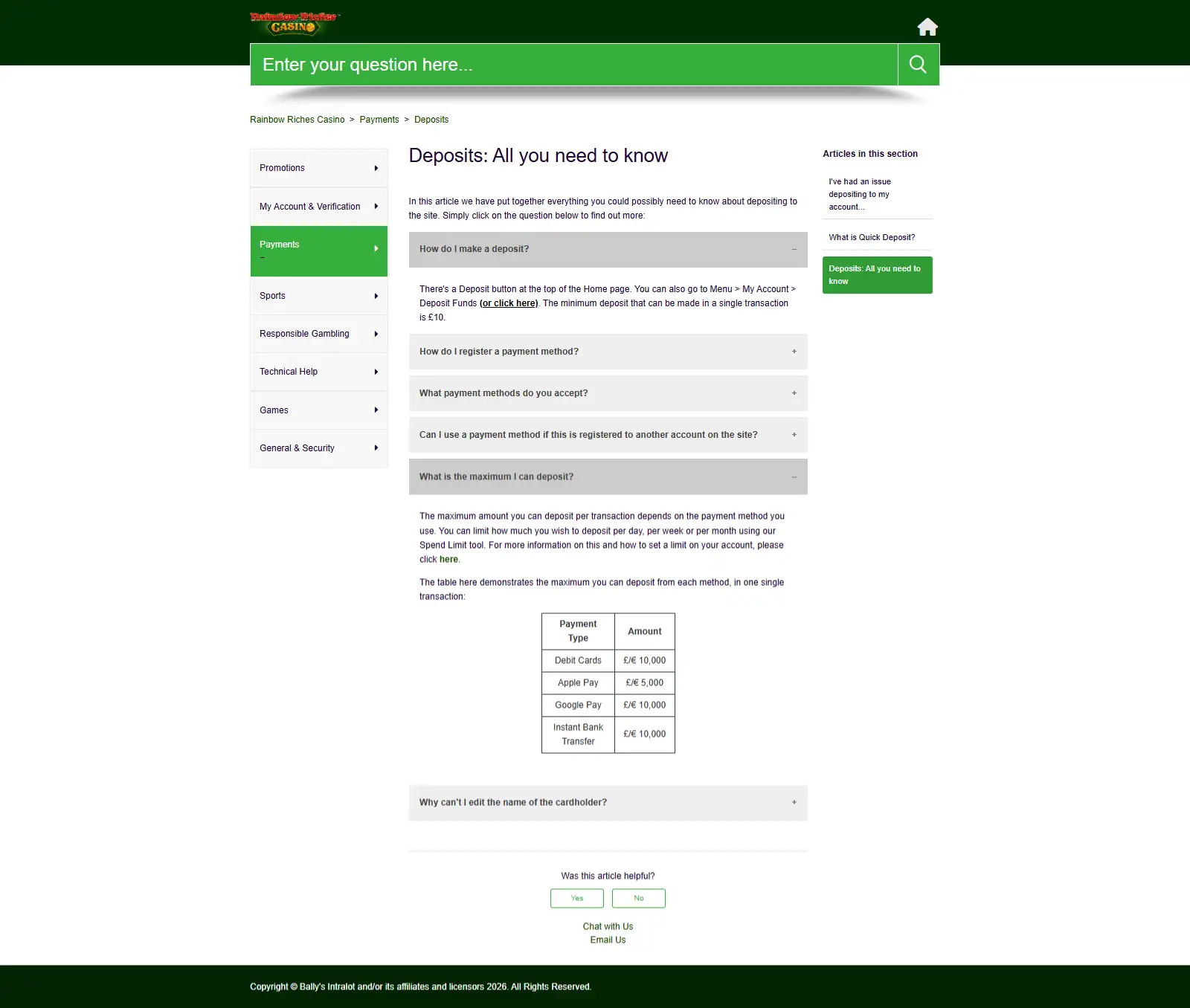 Rainbow Riches official deposit help article with minimum deposit and accepted methods