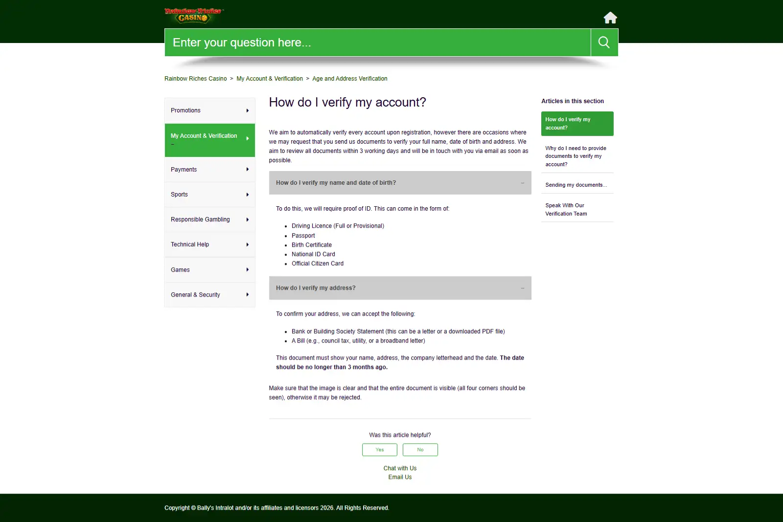 Rainbow Riches Casino Verification and KYC