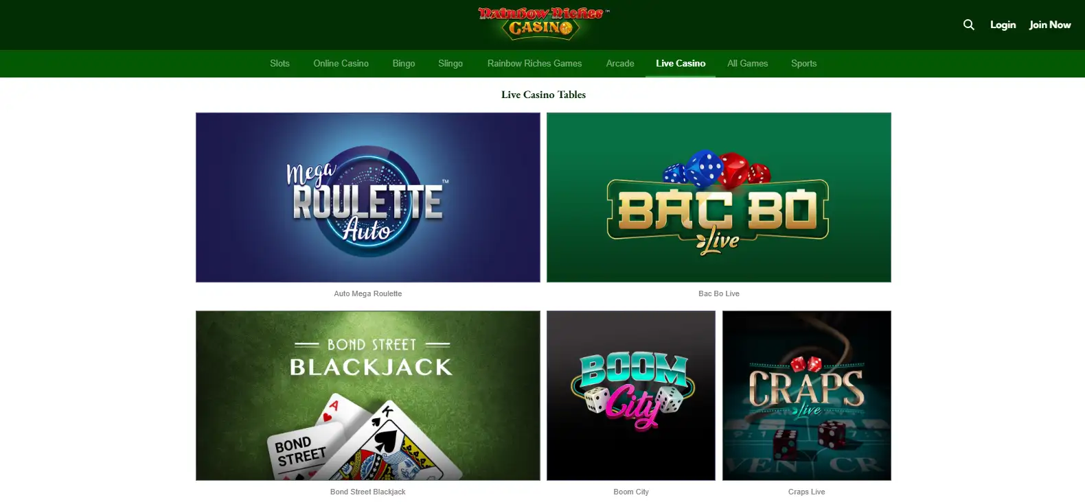 Rainbow Riches live casino lobby with live dealer categories visible