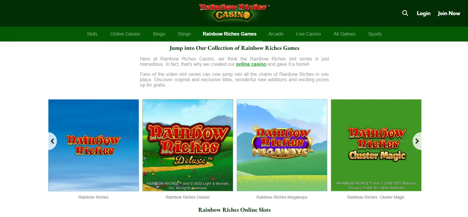 Official Rainbow Riches slots collection showing multiple branded game titles