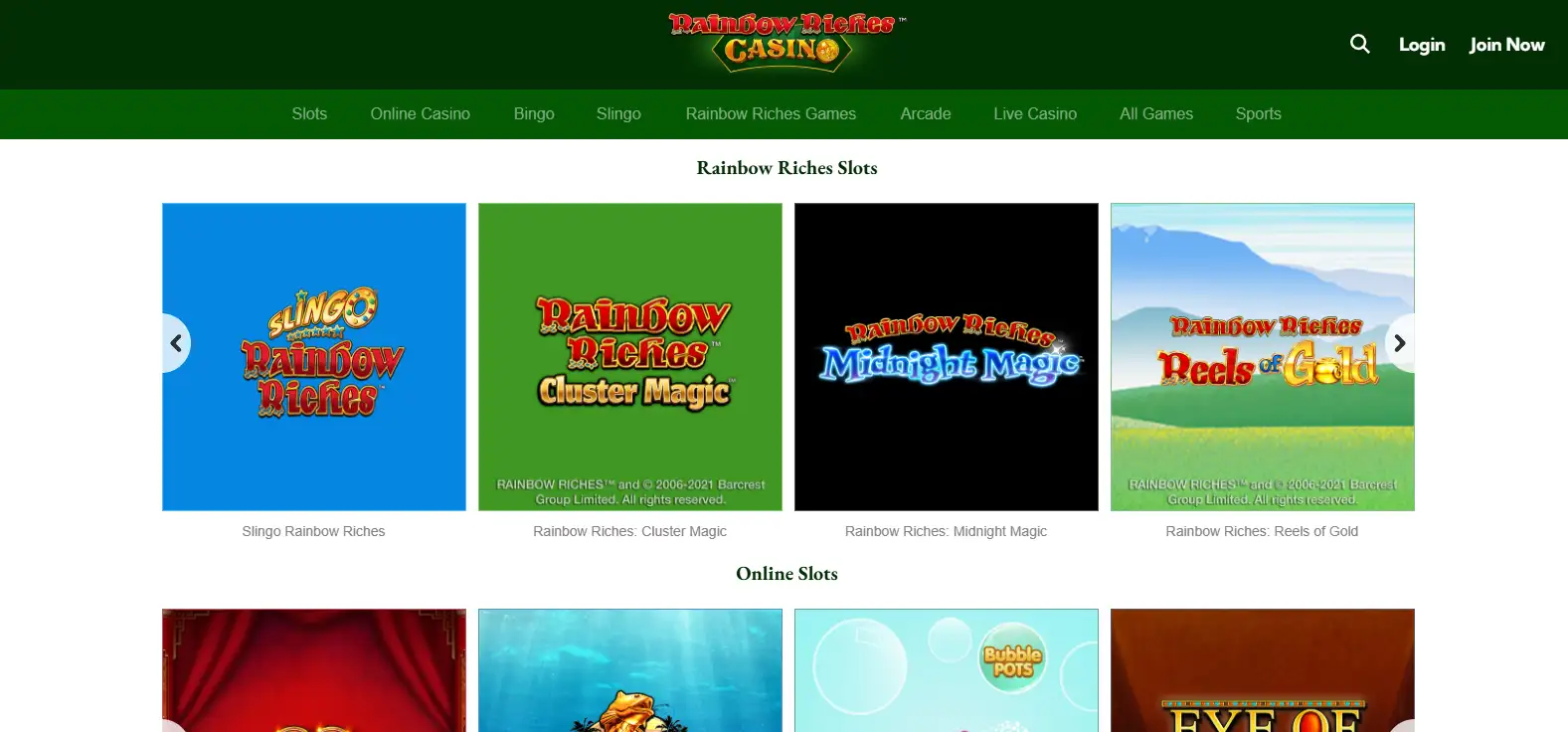 the current Rainbow Riches Casino UK homepage and game navigation