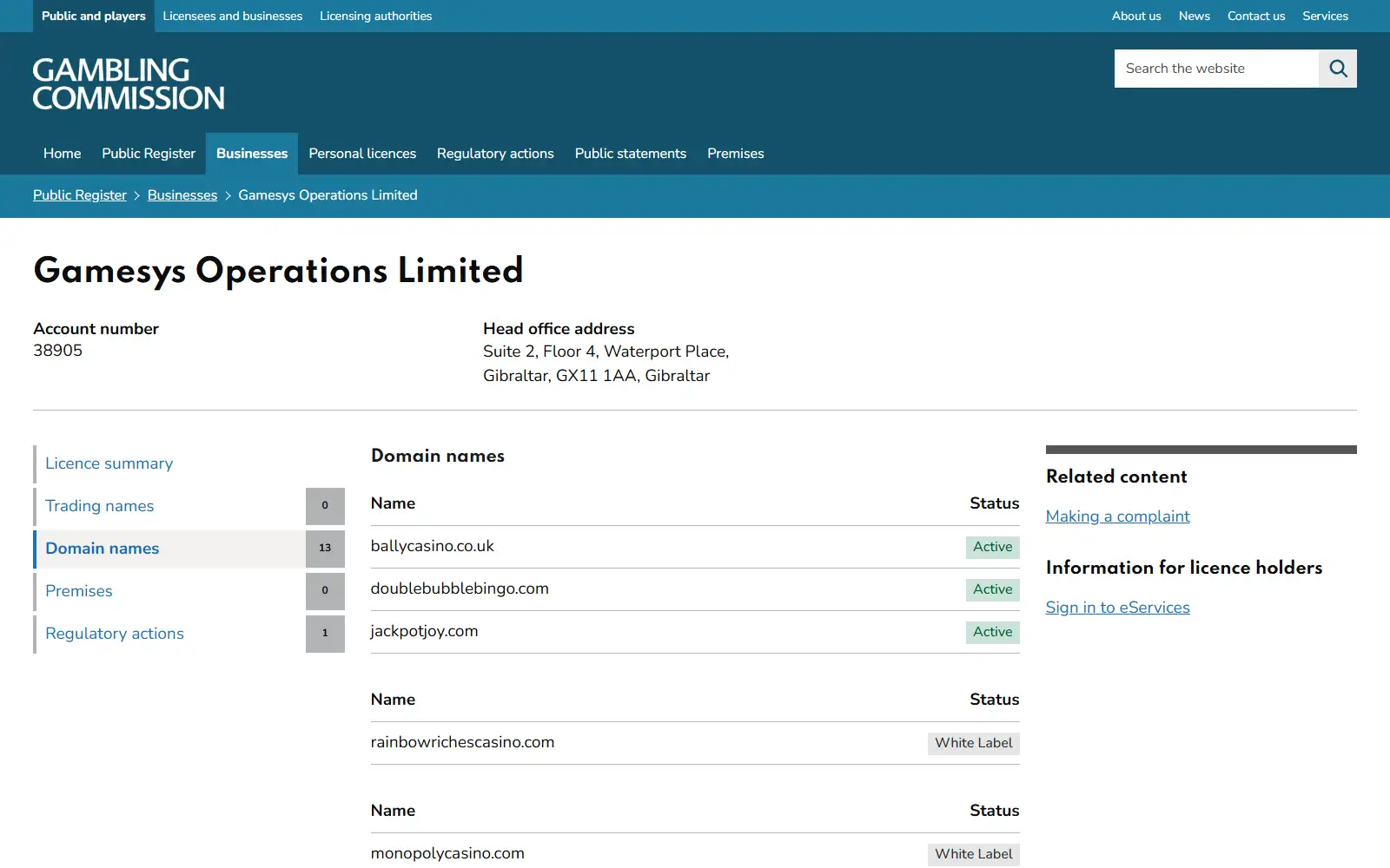 the UK Gambling Commission public register entry for Gamesys Operations Limited and Rainbow Riches Casino